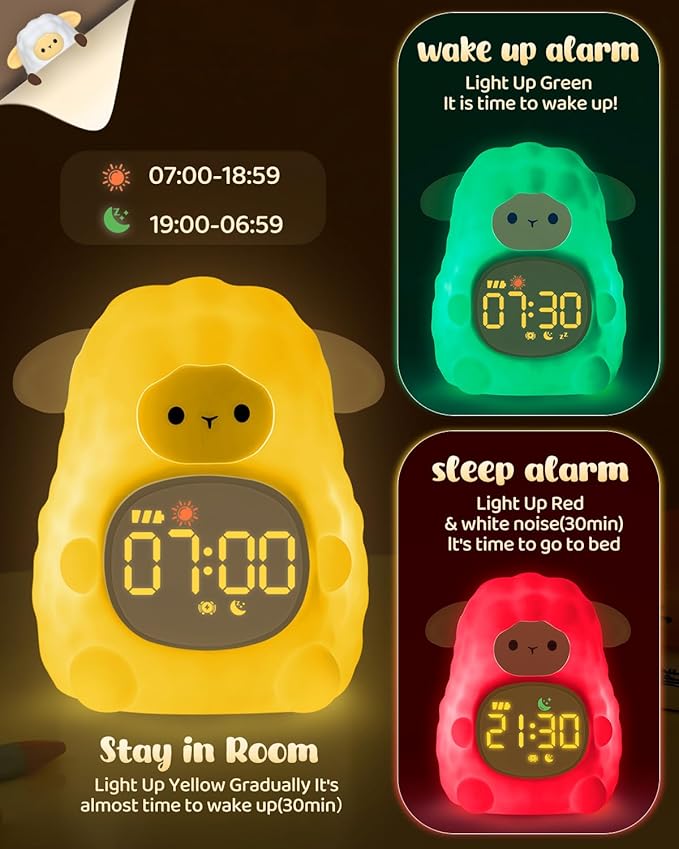 Sheep Alarm Clock for Kids with Night Light, Sleep Training Clock Time to Wake Clock, Rechargeable Silicone Light for Bedroom, Perfect Sleep Companion for Boys Girls