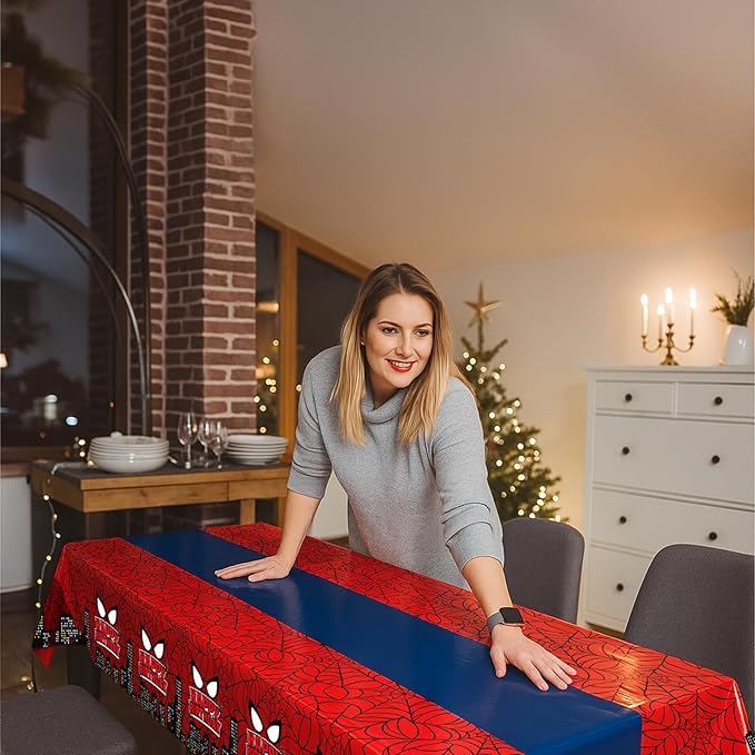 16Pcs 2in1 Spider Birthday Decorations Tablecloths, 54" x 108" Super Hero Spider Table Cloth Disposable Rectangle Plastic Table Cover for Boys Birthday Party Supplies