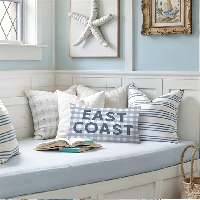 Coastal Beach Girls Room Decor 12x20 Pillow Cover, East Coast Preppy Trendy Gray and White Plaid Decorative Lumbar Pillow Covers for Boys Bedroom College Dorm Sofa Couch
