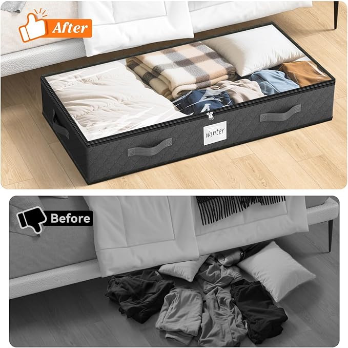SpaceWhisper 90L Under Bed Storage Containers, 8-Pack Storage Bins with Clear Top, Foldable Closet Organizers and Storage with Label Holder for Clothing, Blankets, Comforter & Pillows (Grey)