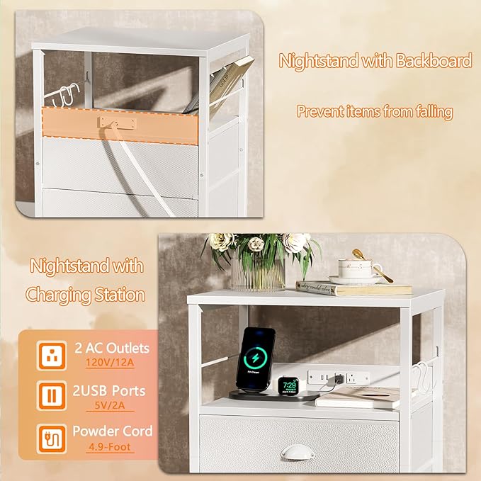 Furologee Night Stand with Charging Station, Bedside Table with Fabric Drawers, End Table with USB Ports & Outlets, White Nightstand with Storage Shelf & Hooks, for Living Room/Bedroom, White