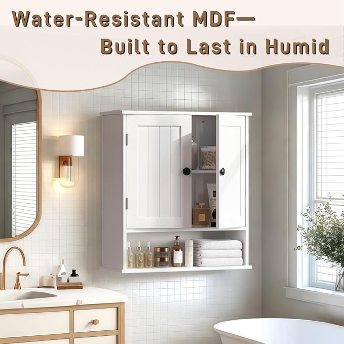 White Bathroom Cabinet Wall-Mounted, Storage Cabinets with Adjustable Shelves, Space-Saving Organizer with 2 Doors for Bathroom, Laundry, Kitchen - Moisture Resistant & Easy Install