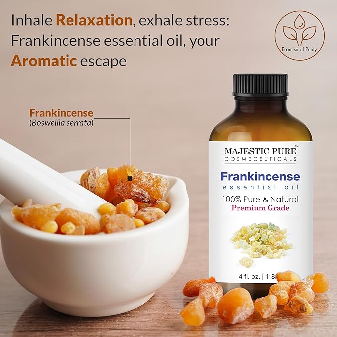Majestic Pure Frankincense Essential Oil with Glass Dropper - Huge 4 Fl Oz - 100% Pure and Natural Frankincense Oil - Premium Grade Essential Oils for Diffuser, Aromatherapy, Soap and Candle Making