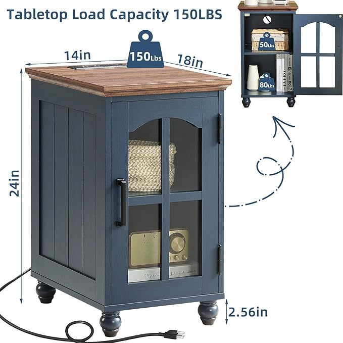 Narrow Side Table Set of 2,Farmhouse Nightstand with Charging Station,End Table with Glass Barn Door Storage, Cabinet Organizer with Adjustable Shelf, Night Stand for Small Spaces Living Room Bedroom
