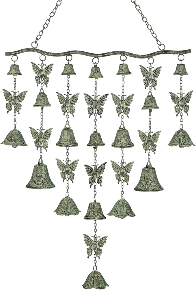 Butterfly Wind Chimes for Outside, Large Strung Verdigris Windchimes with Wrought Iron Bell for Garden, Patio, Porch Outdoor Decor, Memorial Sympathy