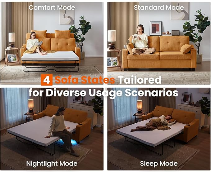 Pull Out Sofa Bed, Full Size Sleeper Sofa, 2-in-1 Convertible Corduroy Couch with USB Charging, Memory Form Couch for Living Room, Apartment and Small Space (Mustard Yellow, Corduroy - Queen Size)