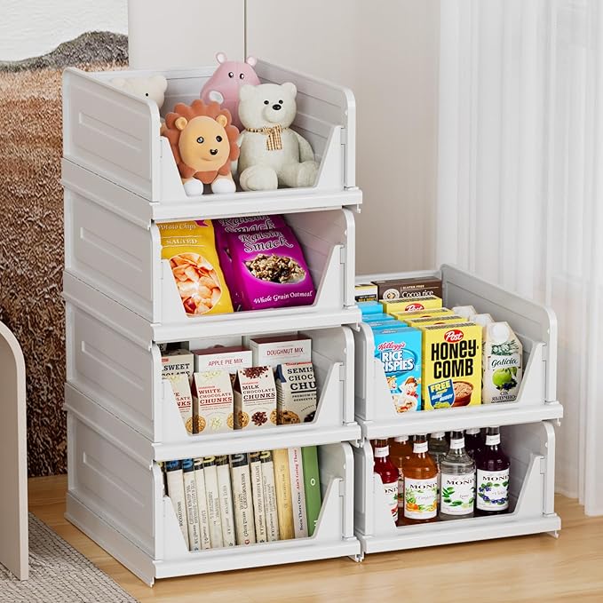 6 Pack Stackable Closet Storage Basket - Stackable Storage Bins, Multifunctional & Foldable Closet Organizer, Wardrobe Storage Space-Saving Clothes Storage Drawer Organizer, White