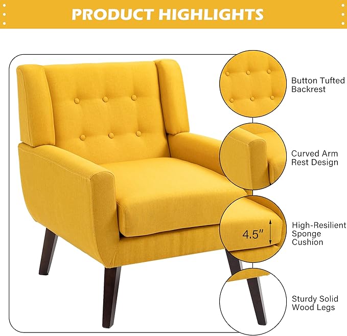 UIXE Accent Chair, Modern Upholstered Armchair Mid-Century Arm Chair in Fabric for Living Room, Comfy Single Sofa Seats Button Tufted Reading Seating, Yellow