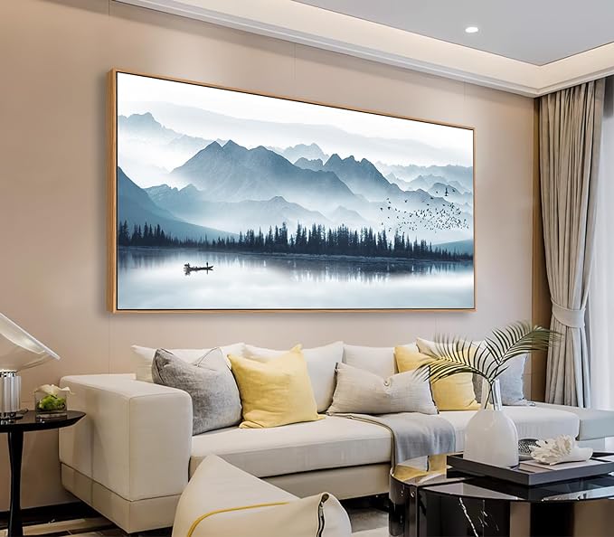 Indigo Framed Canvas Wall Art Misty Mountain Wall Pictures Foggy Lake Boat Canvas Painting Prints Forest Birds Canvas Wall Decor for Living Room Bedroom Decorations Framed 20" x 40" Natural