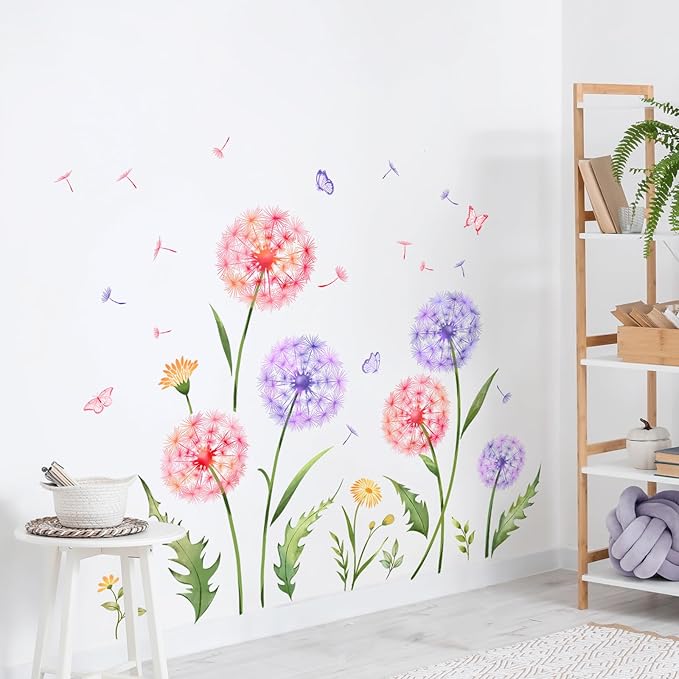 Dandelion Flower Butterfly Wall Decals Pink Purple Dandelion Plants Wall Stickers Peel and Stick Vinyl Wall Art Decor for Living Room Bedroom Office TV Sofa Backdrop Home Decor Gifts for Mom