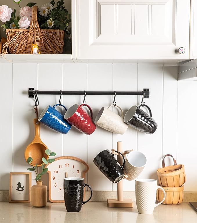 AmorArc Large Coffee Mugs Set of 6, 20oz Ceramic Tall Coffee Mugs Set with Textured Geometric Patterns for Latte/Tea/Beer/Hot Cocoa, Dishwasher & Microwave Safe, Black