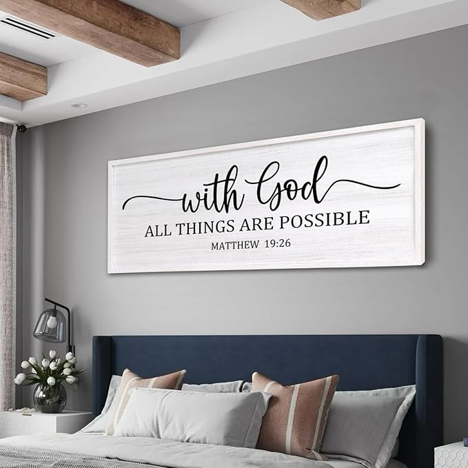 With God All Things are Possible Framed Wall Art, 40''×15'' White Holy Religious Rustic Bible Verse for Christian God Jesus Christ Prayer, Positive Horizontal Inspirational Catholic Scripture Decor