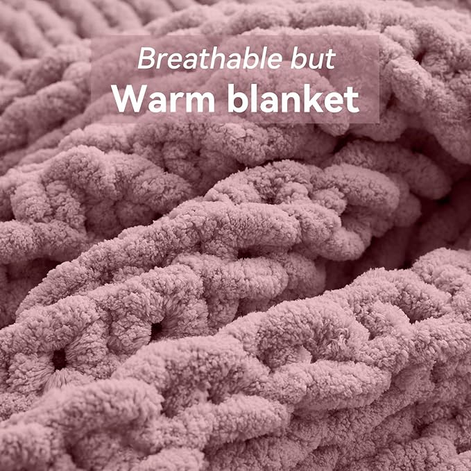 Chunky Knit Throw Blanket, 40''*50'' Knitted Throw Chenille Yarn for Bed Couch, Handmade Muted Pink Crochet Big Thick Blanket, Machine Washable Cute Comfy Blanket for Home Decor