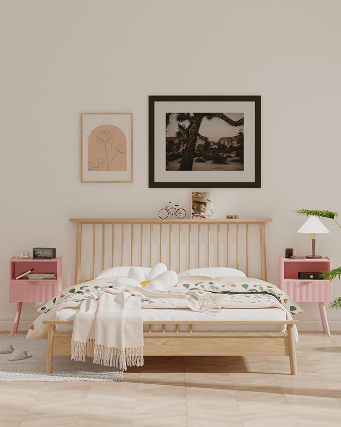 Nightstand,Modern Bedside Table with Storage Drawer and Open Wood Shelf, Accent Night Stand with Solid Wood Legs for Living Room, Bedroom and Small Spaces,Easy Assembly (Pink)