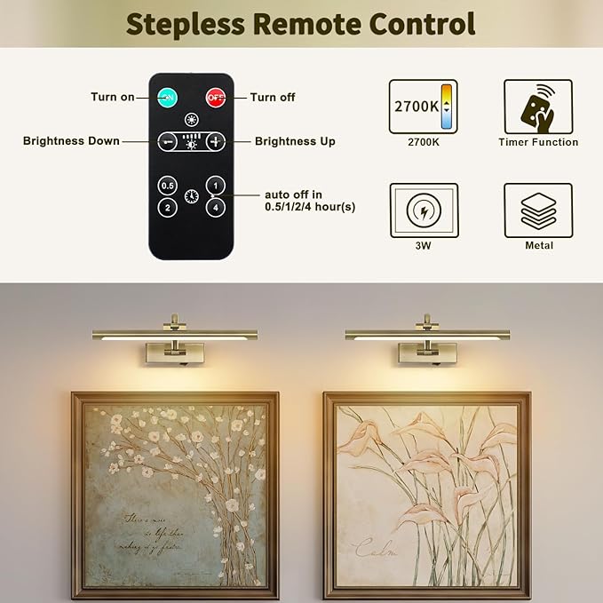 Wireless Picture Lights Rechargeable Gallery Lighting Battery Picture Frame Light with Remote and Timer, Adjustable Art Light for Paintings, Portraits, Antique Bronze Finish 16'' Inch 3W 2700K