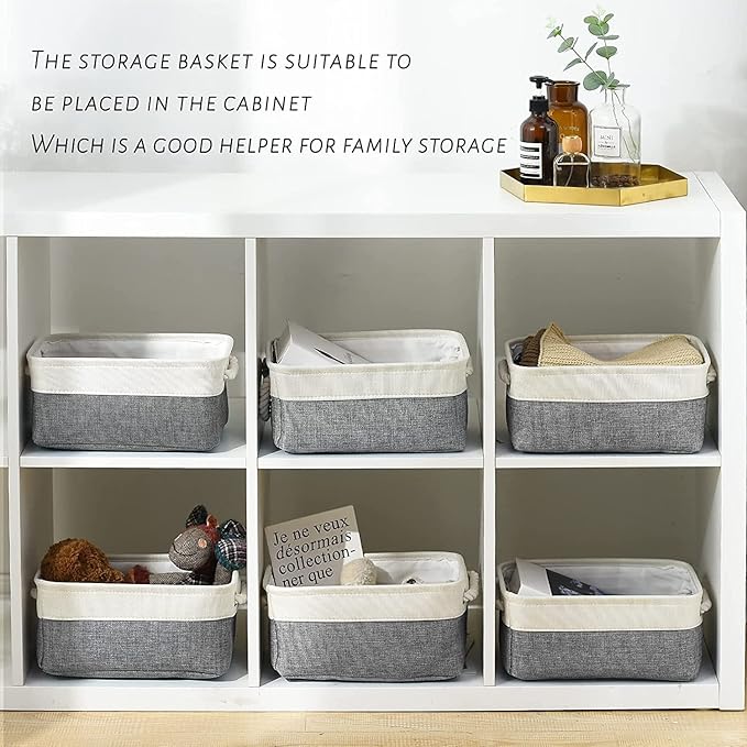 Fabric Storage Bins 12x8x5 inch [6-Pack] with Rope Handles - Decorative Baskets for Organizing