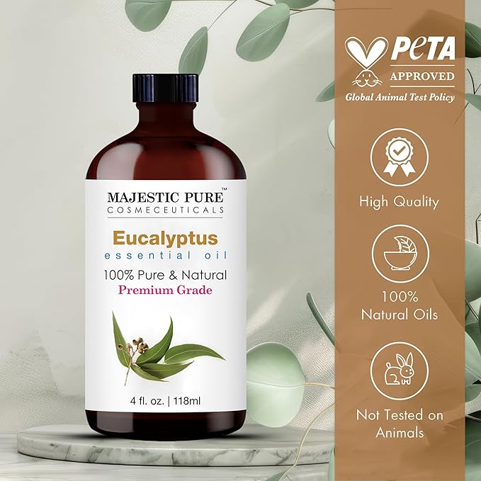 Majestic Pure Eucalyptus Essential Oil with Glass Dropper - Huge 4 Fl Oz - 100% Pure and Natural Eucalyptus Oil - Premium Grade Essential Oils for Diffuser, Aromatherapy, Soap and Candle Making