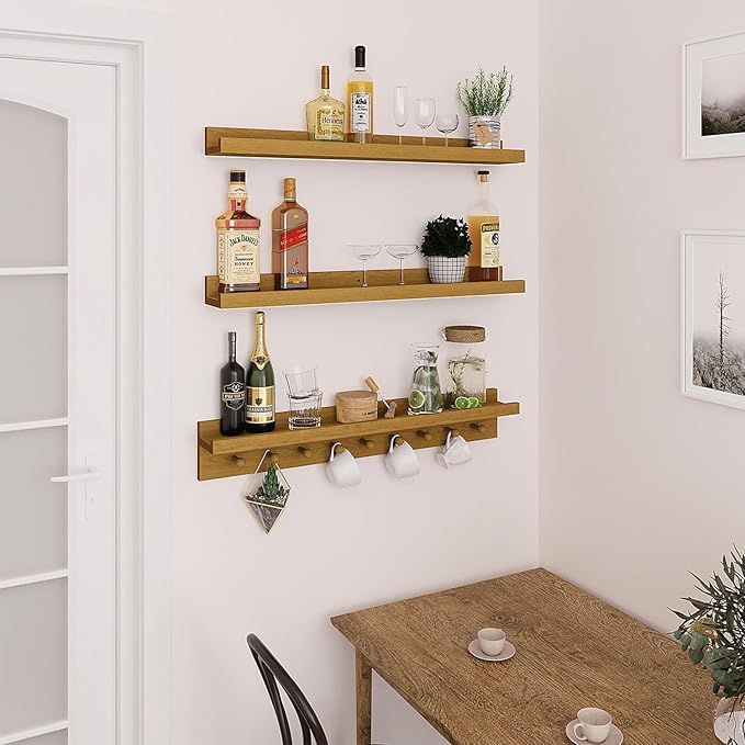 MBYD Floating Shelves 36 Inch, Nursery Book Shelves for Kids Room, Hanging Bookshelf with Hooks Set of 3, Light Walnut Wood Picture Ldge Shelving, Kitchen Wall Shelf Spice Rack for Bedroom Bathroom