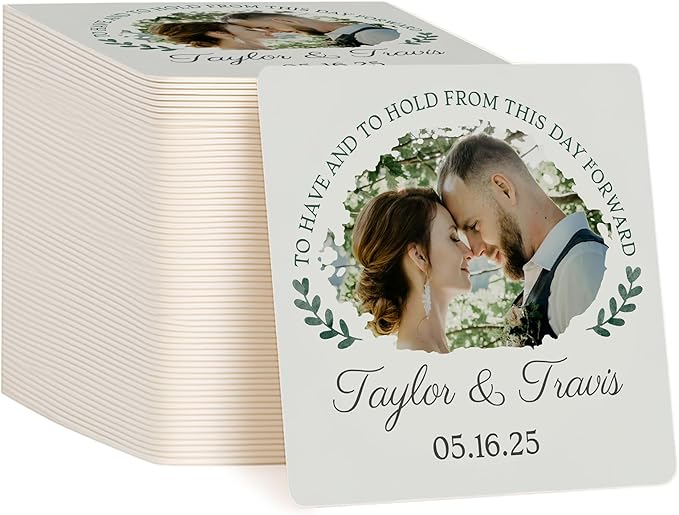 60 Pack Personalized Wedding Coasters, Custom Cardboard Coasters for Drinks with Photo Print and Text, Keepsake Wedding Favors and Gifts for Couples, 4x4 Square, Design 4