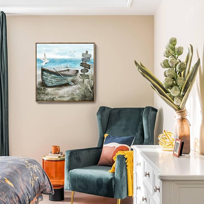Framed Wall Art Bedroom Nautical Decor Boat Canvas Picture Rustic Coastal Sand Canvas Print Ocean Beach Painting Seascape Sea Bird Vintage Ship Artwork for Seaside Home Living Room Office Bathroom