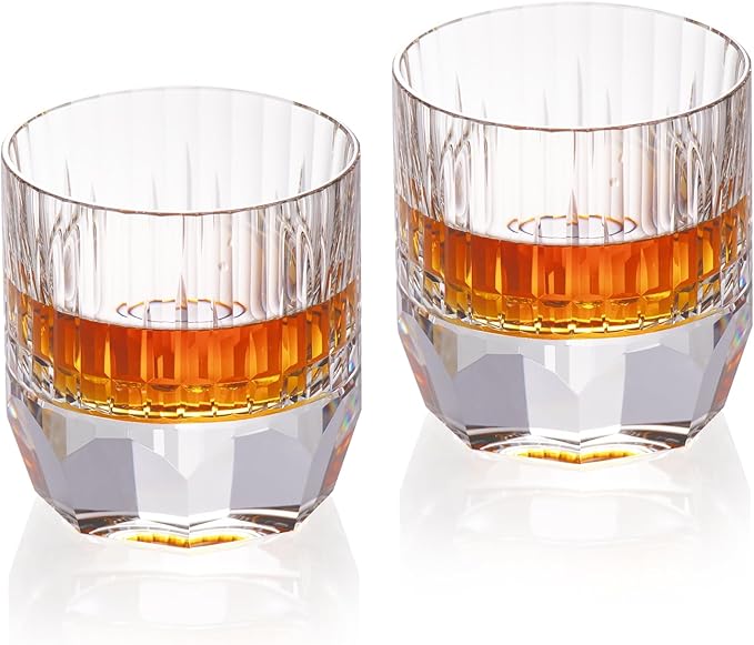 KAMMAK Crystal Whiskey Glasses Set of 2, 7.44oz Old Fashioned Glasses Stemless, Luxury Hand Blown White Cocktail Glasses, Handcrafted Cut Design Octagon Cup for Women, Men Gift for Bourbon
