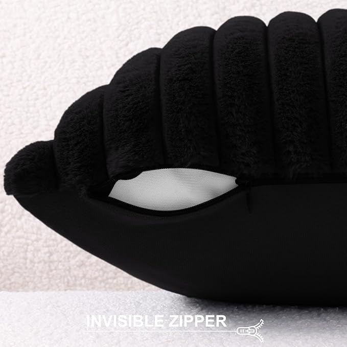 Pallene Faux Fur Plush Throw Pillow Covers 20x20 Set of 2, Luxury Soft Fluffy Striped Decorative Pillow Covers for Sofa, Couch, Living Room, Black