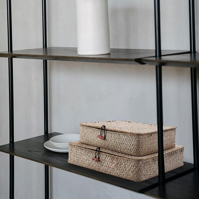 Whitewash Seagrass Basket with Lid Rectangular Decorative Storage Boxes for Shelf Organize Snack Toys Set of 2 (Large+Small)