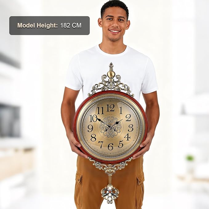 Vintage Wall Clock with Pendulum, 16 Inch Large Retro Metal and Glass Silent Clock for Living Room, Antique Wood Pendulum for Dining Room Office Home Decor