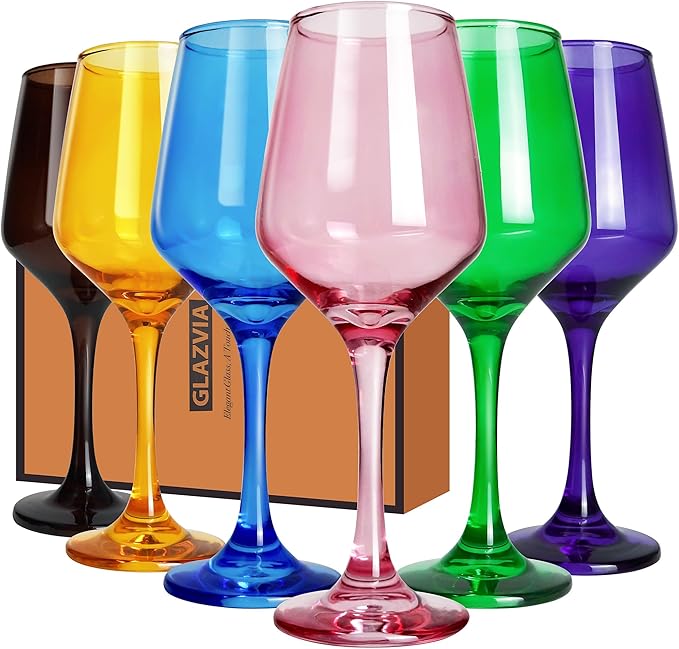 Colored Wine Glasses Set of 6-14oz Colorful Long Stem Wine Glass, Multi Color Pretty Crystal Glassware, Hand Blown Goblets Drinkware, Unique Stemware Wine Glass Holiday Gift Set