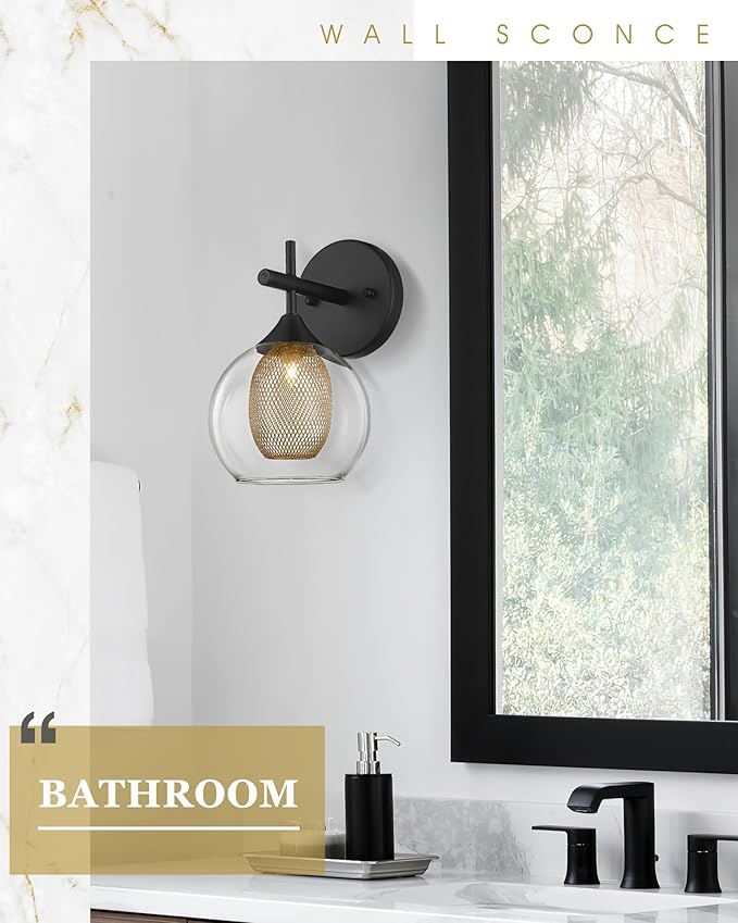 Black Wall Sconce Set of 2, Bathroom Vanity Light Fixture with Clear Glass and Honeycomb Metal Shade, Sconces Wall Lighting for Mirror Bedroom Hallway, AD-22001-1W2-BK