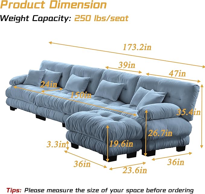 Modular Sectional Sofa, Comfy Cloud Couch 4 Seater Couch with Ottoman, Sectional Couches for Living Room, Modern Chenille L Shaped Couches, Sleeper Deep Seat Sofa with Throw Pillows, Blue