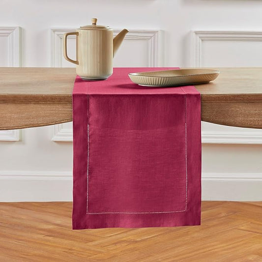 Solino Home Linen Table Runner 48 Inches - 100% Pure Linen Beet Hemstitch Table Runner 14 x 48 Inch Ideal for Dresser and Coffee Tables - Fall, Autumn, Thanksgiving - Classic Hemstitch