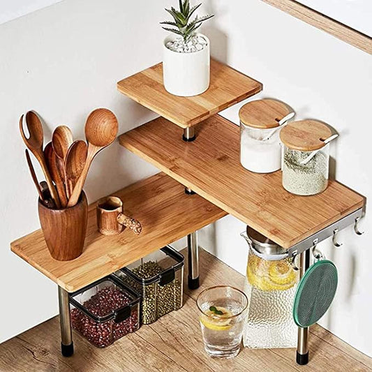 HYNAWIN Corner Shelf, 3 Tier Bamboo & Metal Storage Spice Rack-Desk, Space Saving Bookshelf with Hooks, Adjustable Display Shelf for Creative Home Décor Kitchen, Bedroom, Office (21CO)