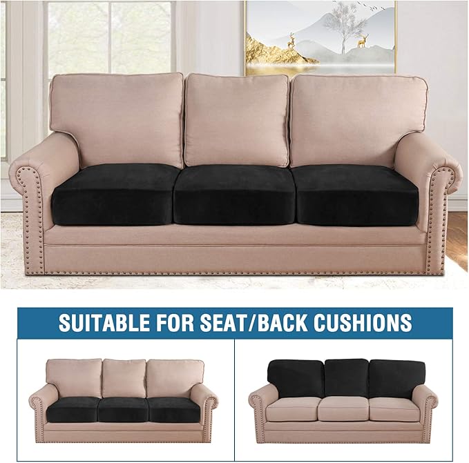 H.VERSAILTEX Velvet Stretch Couch Cushion Cover Plush Cushion Slipcover for Chair Loveseat Sofa Cushion Furniture Protector Seat Cushion Sofa Cover (3 Piece Sofa Cushion Covers, Black)