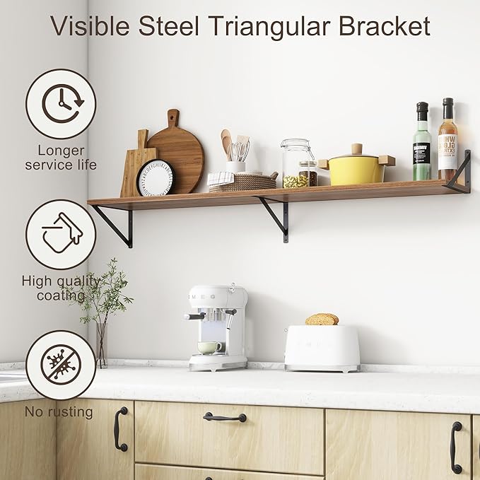 Floating Shelves 55 Inch Long, 10" Deep Floating Shelves, Walnut Wall Shelves 55 x 10, Set of 2, Wide Large Display Storage Shelves for Bathroom, Living Room, Rustic Wood Shelves with Brackets