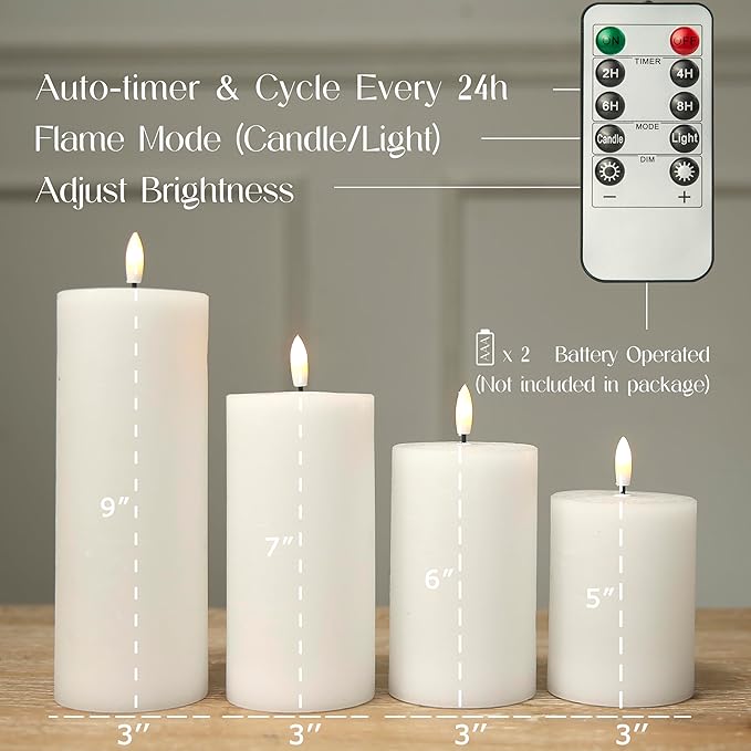 LUSHABOR Flameless Candles, 4 Pack Battery Operated Candles with Remote, Real Wax LED Fake Candles with Timer Flickering for Christmas Wedding Home Party D3 H 5" 6" 7" 9" White