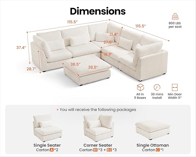 Oversized Modular Sofa, Extra Deep Cloud Corduroy Sectional Couch with Ottoman Chaise, Fluffy Chenille Corner V Shape Sofa for Living Room, Villa (Corner V Shape+Ottoman, Corduroy White)