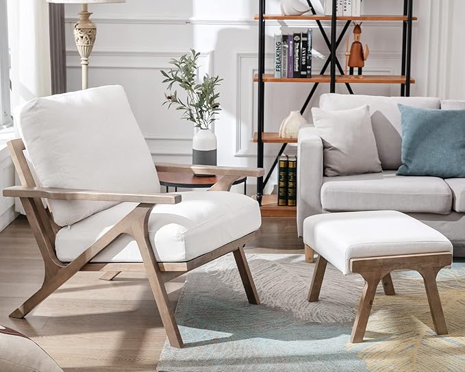 Mid Century Modern Accent Chair with Ottoman, Farmhouse Linen Upholstered Living Room Armchair and Ottoman Set, 23" Seat Wide Retro Leisure Lounge Chair with Wood Frame for Home, Bedroom, White