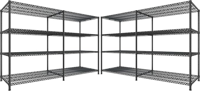 REIBII 81.5''W Storage Shelves 3680LBS Garage Shelving Heavy Duty 4 Tier Metal Shelving Unit Adjustable Wire Shelf and Storage Pantry Shelves for Kitchen Garage, 81.5Wx23.62Dx70.86H，Black, 2PCS