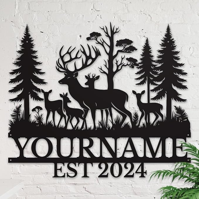 Personalized Deer Forest Name metal Signs,Custom Shed Metal Wall Decor,Black Deer Metal Wall Art Decor,Deer Home Metal Signs Plaques,Outdoor wall Decorative Signage (Style E)