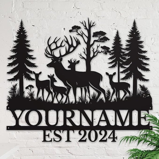 Personalized Deer Forest Name metal Signs,Custom Shed Metal Wall Decor,Black Deer Metal Wall Art Decor,Deer Home Metal Signs Plaques,Outdoor wall Decorative Signage (Style E)