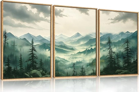 Celestdeco Green Foggy Mountain Framed Canvas Wall Art Set, Misty Forest Wall Decor, Watercolor Pine Tree Wall Painting, Large Nature Landscape Art Print for Living Room, Bedroom, Office - 24"X36"X3