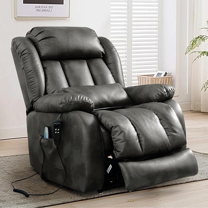 MAEVIS Large Genuine Leather Power Lift Recliner Chair, Dual Motor Recliner for Elderly,Extended Footrest and Lumbar Pillow for Tall Man,with Heat and Massage, USB and Type-C Ports(Silver Gray)