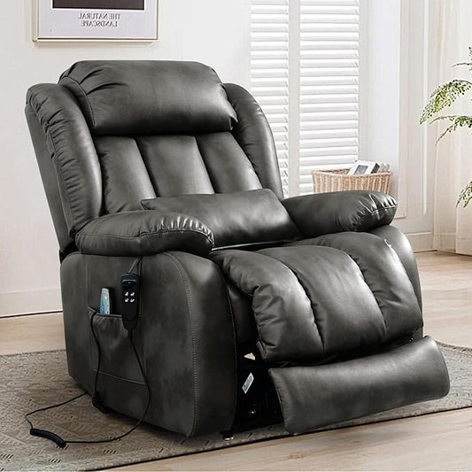 MAEVIS Large Genuine Leather Power Lift Recliner Chair, Dual Motor Recliner for Elderly,Extended Footrest and Lumbar Pillow for Tall Man,with Heat and Massage, USB and Type-C Ports(Silver Gray)