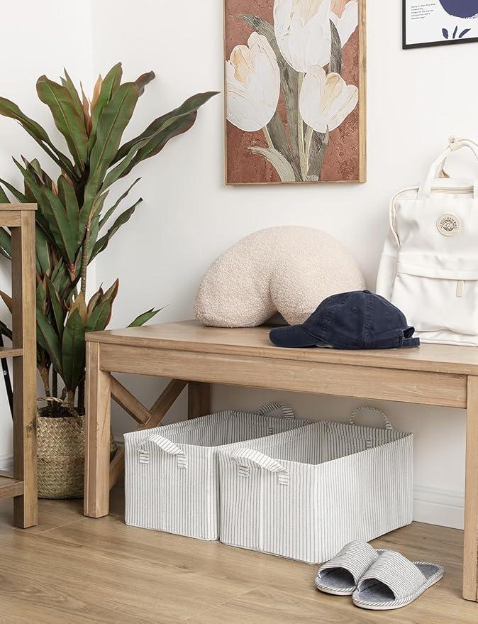 StorageWorks Storage Bins, Fabric Storage Bins for Shelves, Storage Baskets with Metal Frame, Closet Baskets and Bins with Handles, Gray and White Stripes, 2-Pack