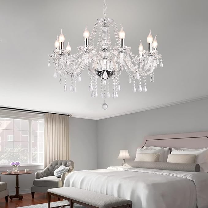 Modern Elegant 10 Lights K9 Crystal Glass Chandelier Silver Pendant Ceiling Lighting European Style for Dining Living Room Bedroom Transparent, 10 E12 Bulbs Required