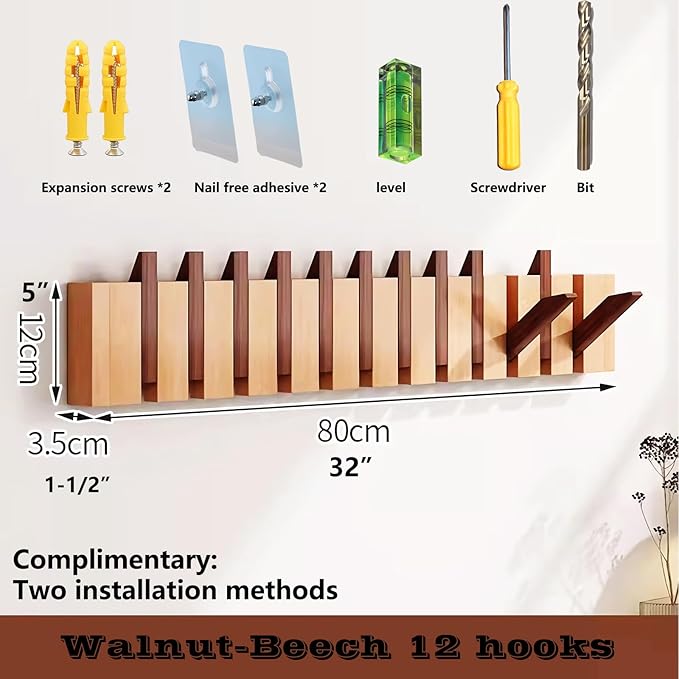 Wall Mounted Piano Key Hanger | Flip Style Hook | Entrance Wall Art Hook, Made of Oak Wood (3 Times Painted, 4 Times Polished) (Walnut-Beech, 12Hooks)