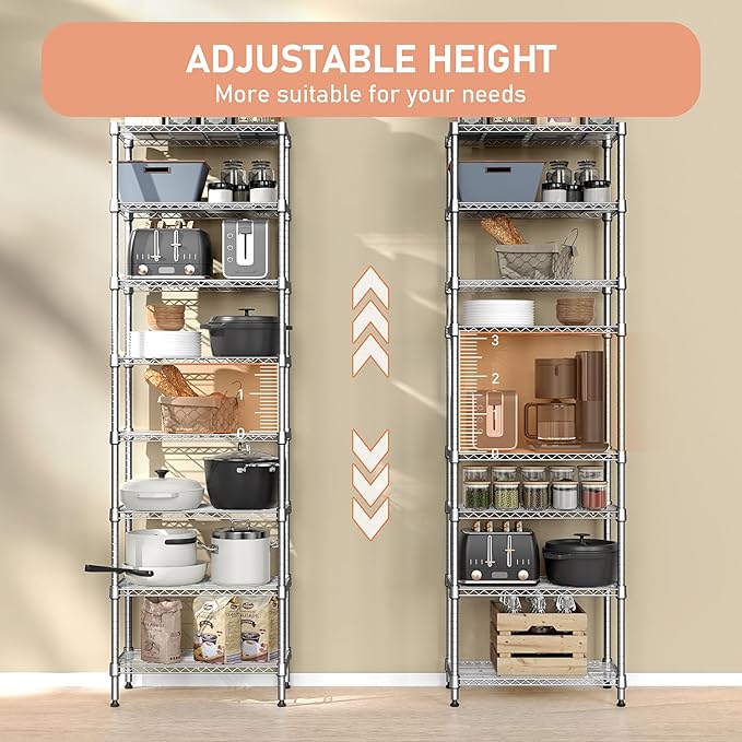 8 Tier 2000 lbs Storage Rack Metal Wire Shelving Unit, Storage Standing Shelf Organizer for Laundry Bathroom Kitchen Pantry Closet Garage Utility Room, Chrome 13.8" D x 23.6" W x 79.5" H