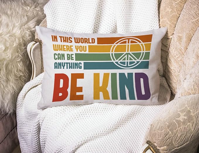 Be Kind Lumbar Throw Pillow Cover 12x20 Inch Decorative Bedroom Living Room Rainbow and Peace Sign Rectanglar Cushion Case for Bed Sofa Couch