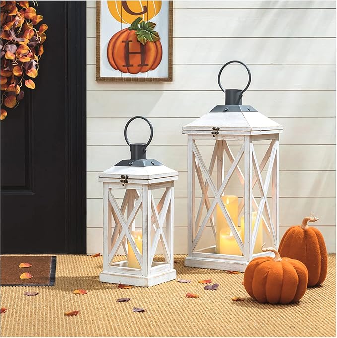 Glitzhome Mondern Farmhouse Wooden Lantern Hanging Decorative Candle Lantern for Outdoor & Indoor Wash White Set of 2 (No Glass)
